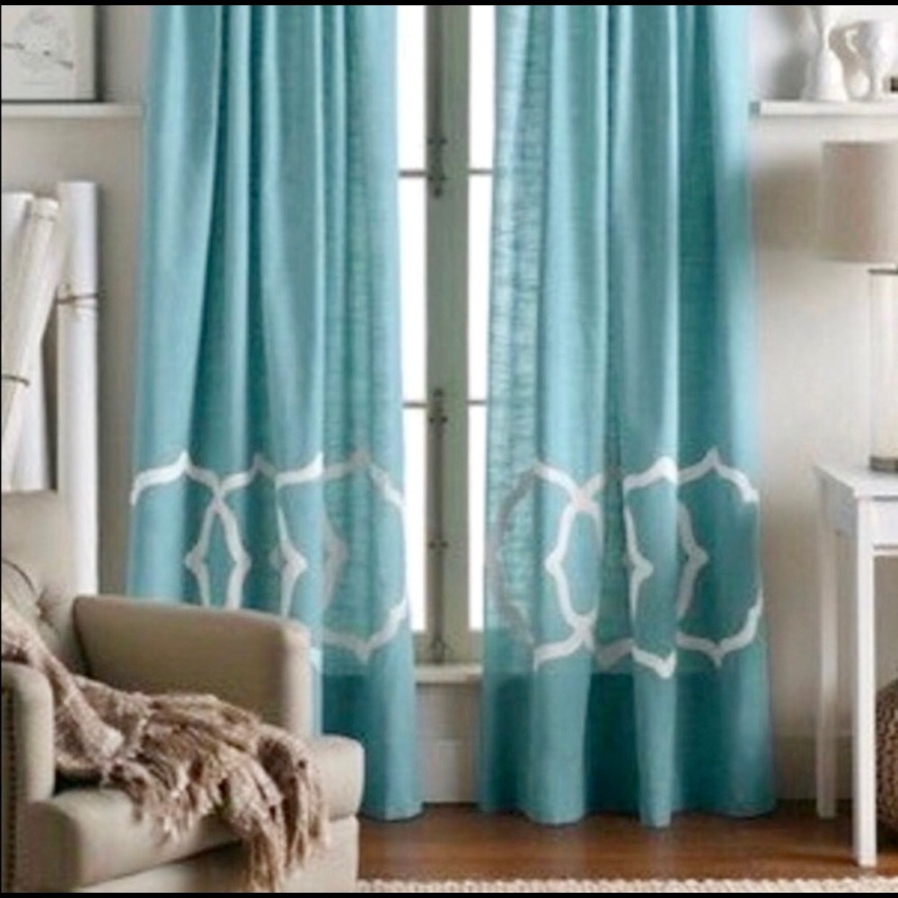 2 Blue and white threshold curtain panels 95x54 in